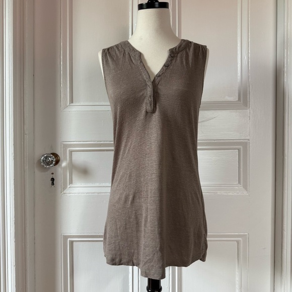 St. Tropez Brown Fitted 100% Linen Buttoned Tank Top with Mandarin Collar Small - Picture 1 of 11